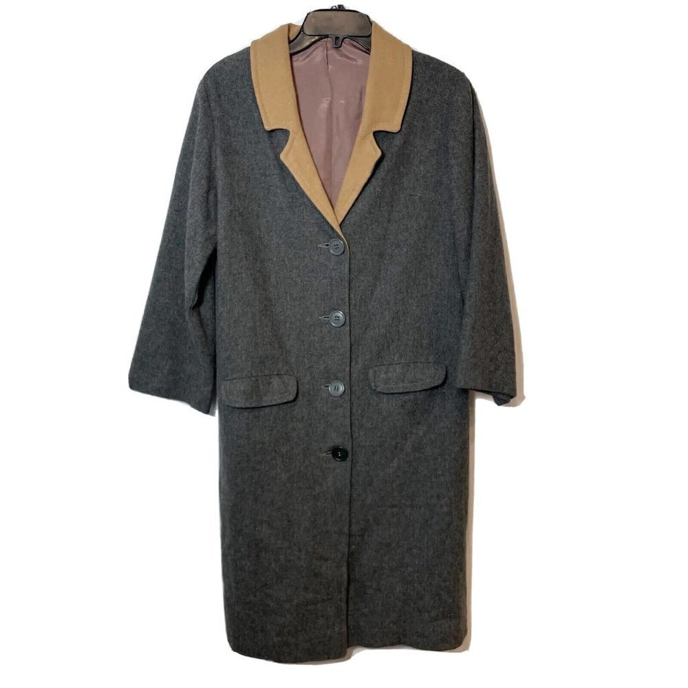 Vintage 70s 80s Womens OverCoat Jacket Gray Brown L Lined Pockets Buttons USA‎ L